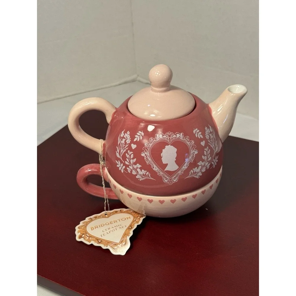 Bridgerton Limited Edition Pink Cameo Design Stacked Romantic Teapot and Cup Set